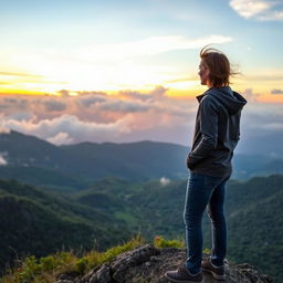 A person standing atop a mountain peak, looking out at a breathtaking sunrise, with soft clouds and glowing colors in the sky, embodying the idea of overcoming challenges
