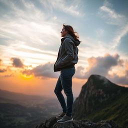 A person standing atop a mountain peak, looking out at a breathtaking sunrise, with soft clouds and glowing colors in the sky, embodying the idea of overcoming challenges