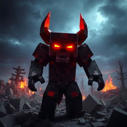 A menacing Herobrine character from Minecraft, standing amidst a landscape of destruction, with fiery red glowing eyes