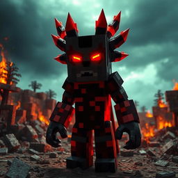 A menacing Herobrine character from Minecraft, standing amidst a landscape of destruction, with fiery red glowing eyes