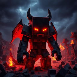 A menacing Herobrine character from Minecraft, standing amidst a landscape of destruction, with fiery red glowing eyes