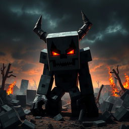 A menacing Herobrine character from Minecraft, standing amidst a landscape of destruction, with fiery red glowing eyes