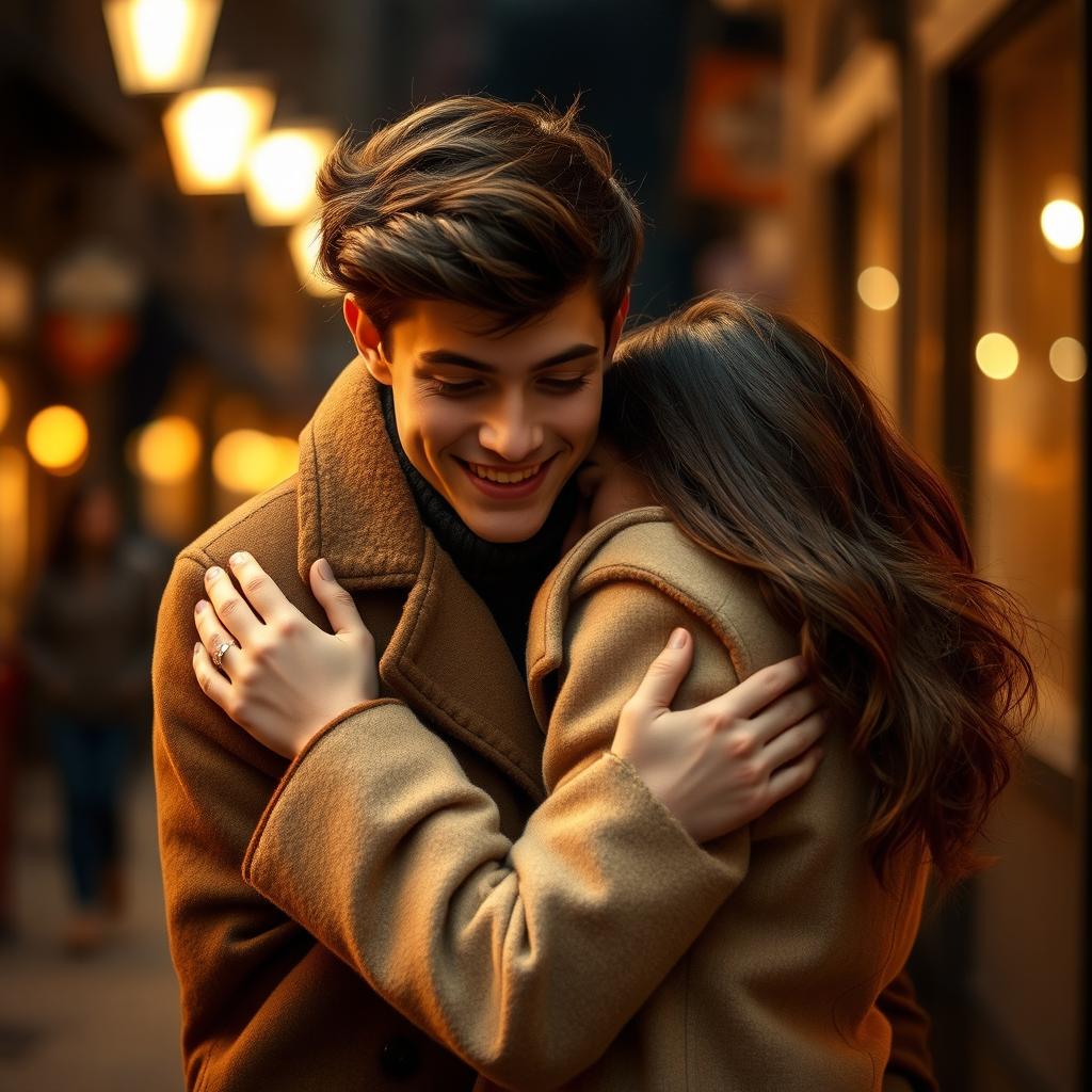 A young man wearing a stylish coat embraces his girlfriend affectionately, creating a warm and romantic scene