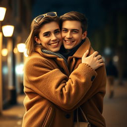 A young man wearing a stylish coat embraces his girlfriend affectionately, creating a warm and romantic scene