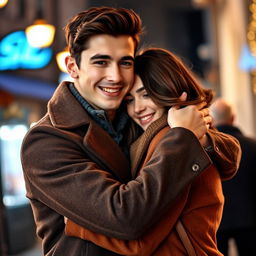 A young man wearing a stylish coat embraces his girlfriend affectionately, creating a warm and romantic scene