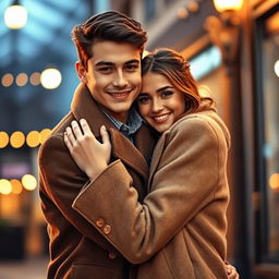 A young man wearing a stylish coat embraces his girlfriend affectionately, creating a warm and romantic scene