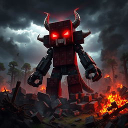 A fearsome Herobrine character from Minecraft, towering amidst a chaotic scene of devastation, featuring glowing red eyes that radiate an ominous light