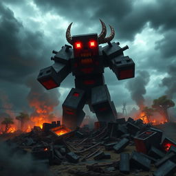 A fearsome Herobrine character from Minecraft, towering amidst a chaotic scene of devastation, featuring glowing red eyes that radiate an ominous light