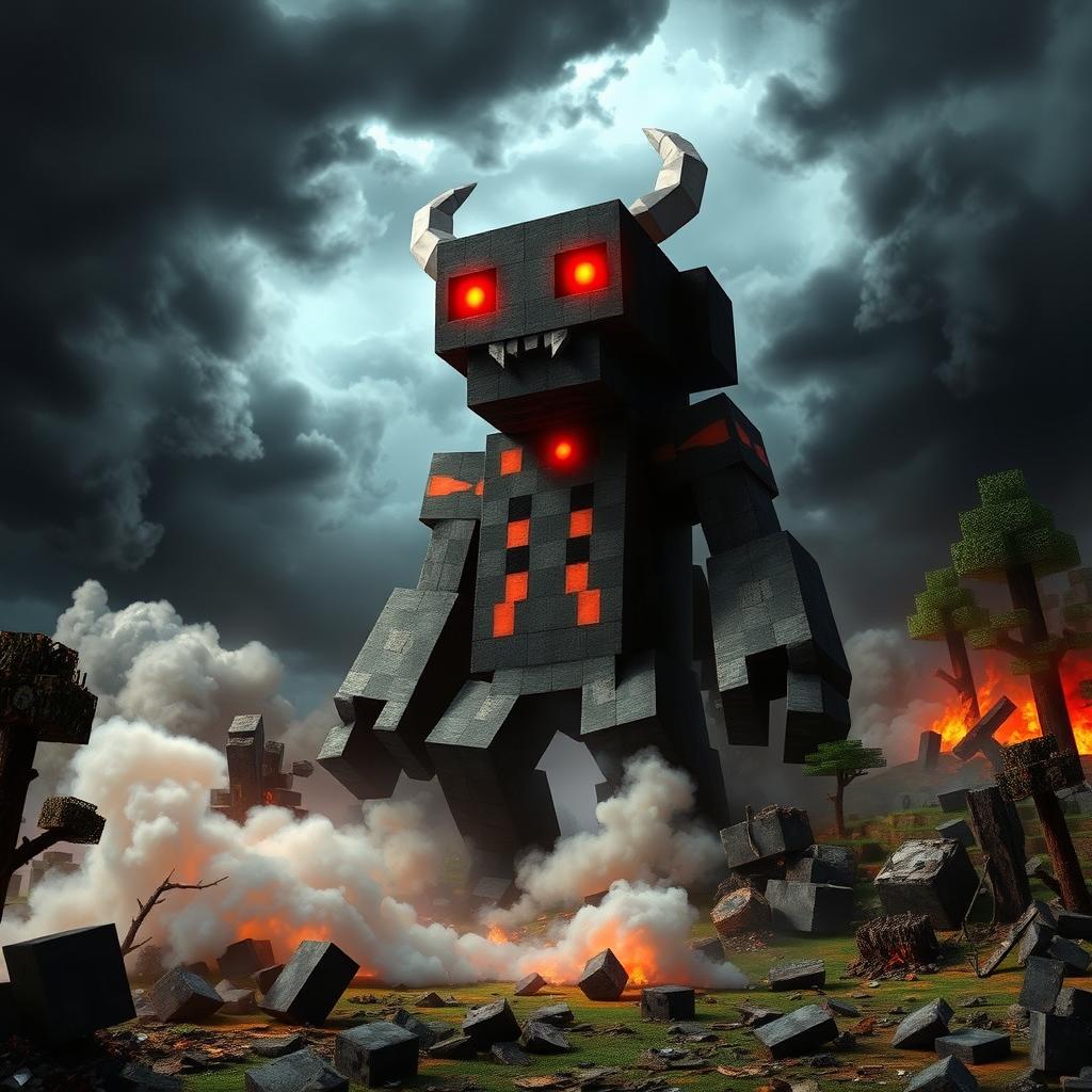 A fearsome Herobrine character from Minecraft, towering amidst a chaotic scene of devastation, featuring glowing red eyes that radiate an ominous light