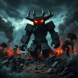 A fearsome Herobrine character from Minecraft, towering amidst a chaotic scene of devastation, featuring glowing red eyes that radiate an ominous light