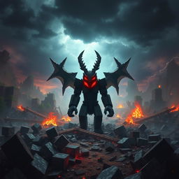 A powerful Herobrine character from Minecraft, surrounded by a devastated landscape, featuring glowing red eyes that illuminate the chaos around him