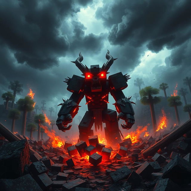 A powerful Herobrine character from Minecraft, surrounded by a devastated landscape, featuring glowing red eyes that illuminate the chaos around him