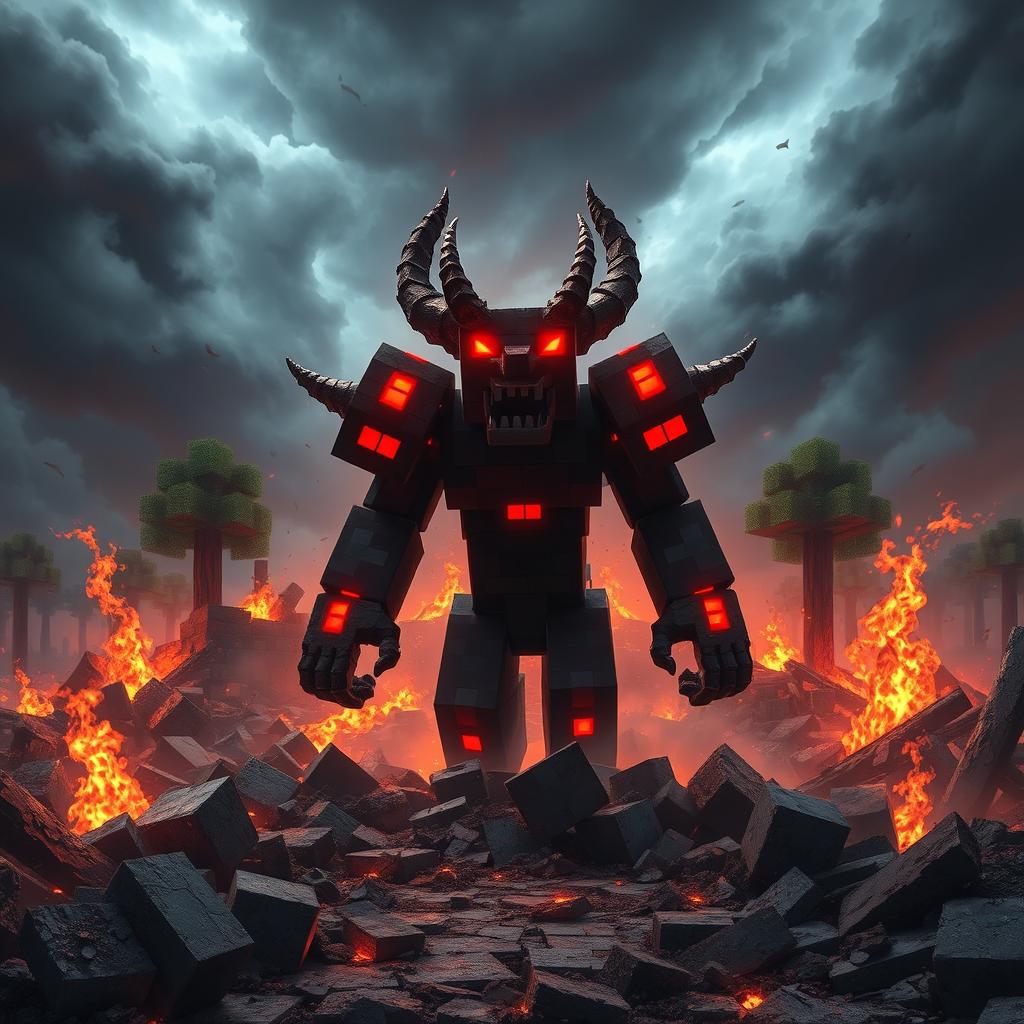 A powerful Herobrine character from Minecraft, surrounded by a devastated landscape, featuring glowing red eyes that illuminate the chaos around him