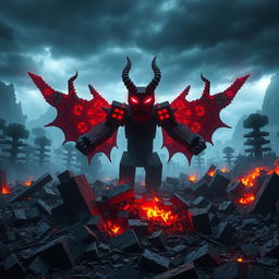A powerful Herobrine character from Minecraft, surrounded by a devastated landscape, featuring glowing red eyes that illuminate the chaos around him