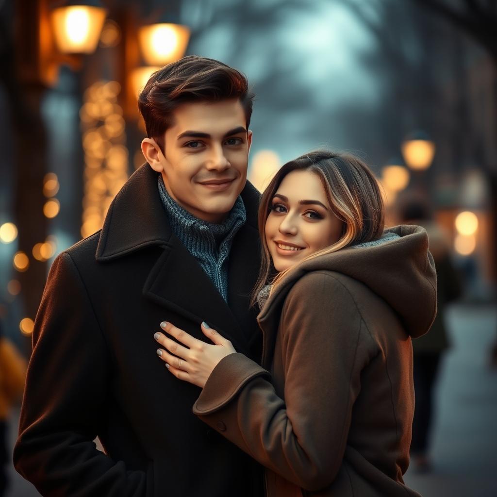 A young man wearing a stylish coat standing with his girlfriend tucked under his coat, creating an intimate and protective atmosphere