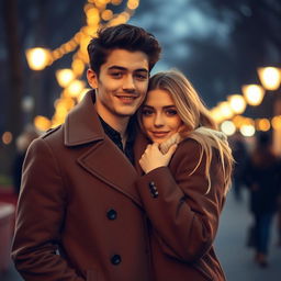 A young man wearing a stylish coat standing with his girlfriend tucked under his coat, creating an intimate and protective atmosphere