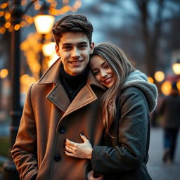 A young man wearing a stylish coat standing with his girlfriend tucked under his coat, creating an intimate and protective atmosphere
