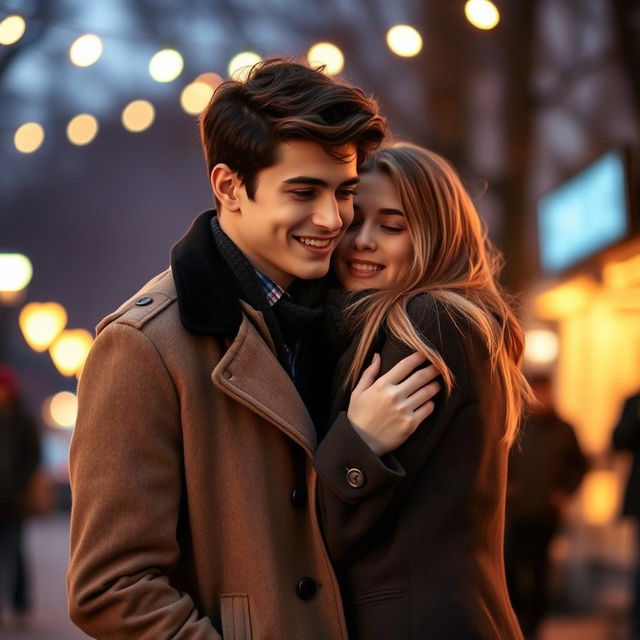 A young man wearing a stylish coat standing with his girlfriend tucked under his coat, creating an intimate and protective atmosphere