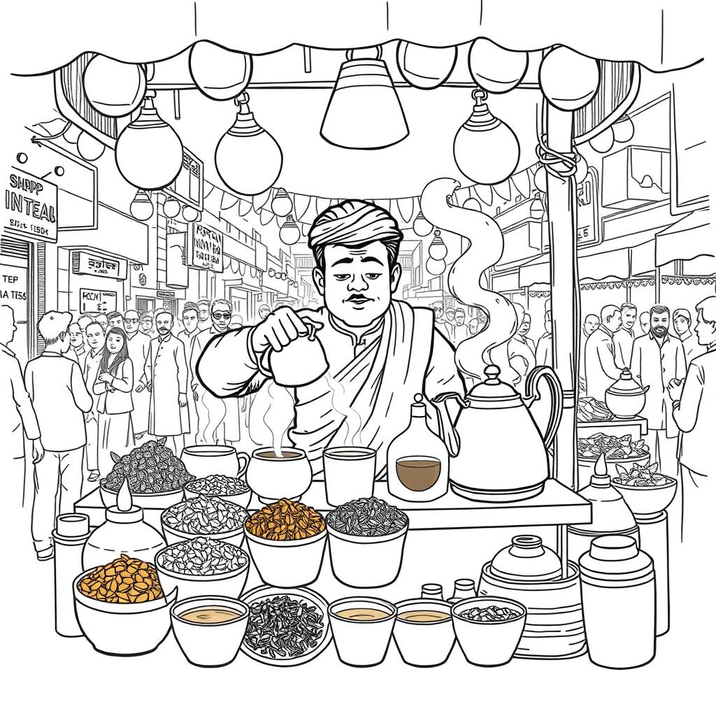A detailed line art illustration of an Indian tea vendor preparing tea