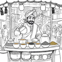 A detailed line art illustration of an Indian tea vendor preparing tea