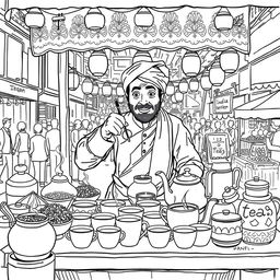 A detailed line art illustration of an Indian tea vendor preparing tea