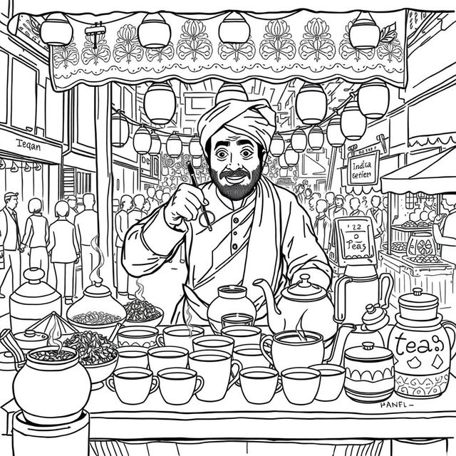 A detailed line art illustration of an Indian tea vendor preparing tea