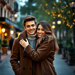A young man wearing a fashionable coat stands with his girlfriend nestled between him and his coat, creating a cozy and protective atmosphere