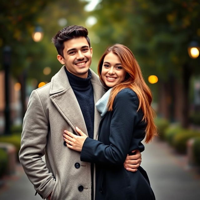 A young man wearing a fashionable coat stands with his girlfriend nestled between him and his coat, creating a cozy and protective atmosphere