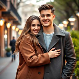 A young man wearing a fashionable coat stands with his girlfriend nestled between him and his coat, creating a cozy and protective atmosphere