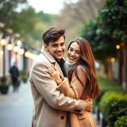 A young man wearing a fashionable coat stands with his girlfriend nestled between him and his coat, creating a cozy and protective atmosphere