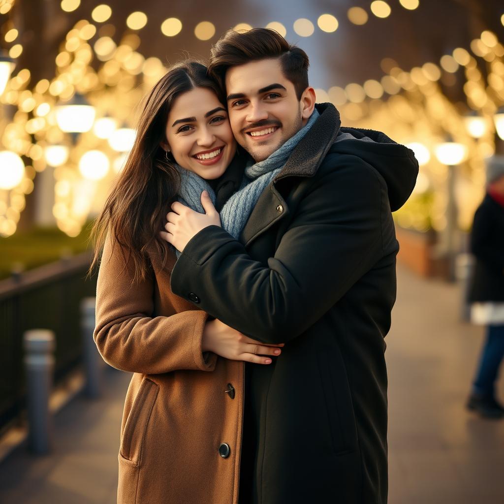 A young man standing with his girlfriend snugly tucked under his stylish coat, creating a cozy and intimate moment