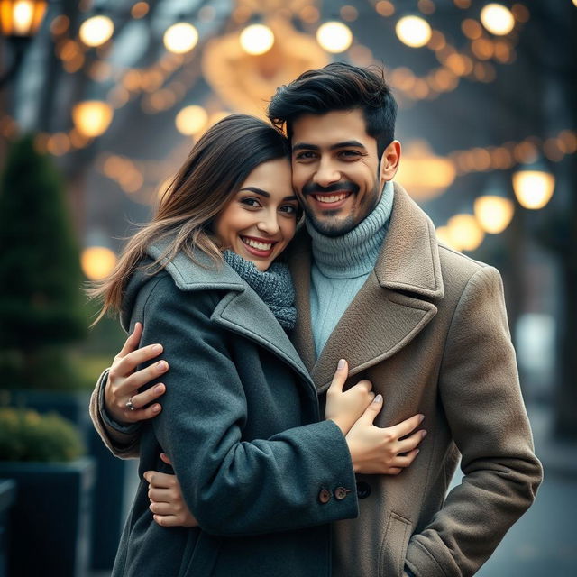 A young man standing with his girlfriend snugly tucked under his stylish coat, creating a cozy and intimate moment