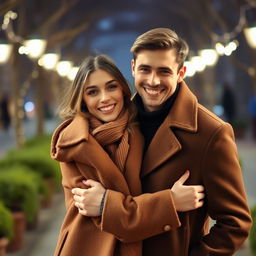 A young man standing with his girlfriend snugly tucked under his stylish coat, creating a cozy and intimate moment