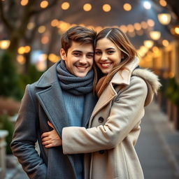 A young man standing with his girlfriend snugly tucked under his stylish coat, creating a cozy and intimate moment