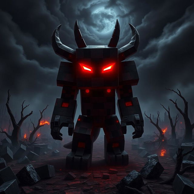 A formidable Herobrine character from Minecraft, with striking glowing red eyes that pierce through the darkness