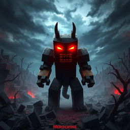 A formidable Herobrine character from Minecraft, with striking glowing red eyes that pierce through the darkness
