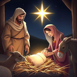 A serene scene depicting the birth of Jesus in a humble manger