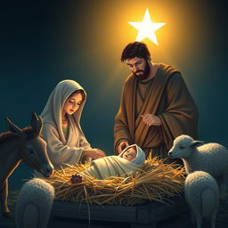 A serene scene depicting the birth of Jesus in a humble manger