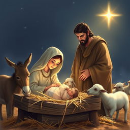 A serene scene depicting the birth of Jesus in a humble manger