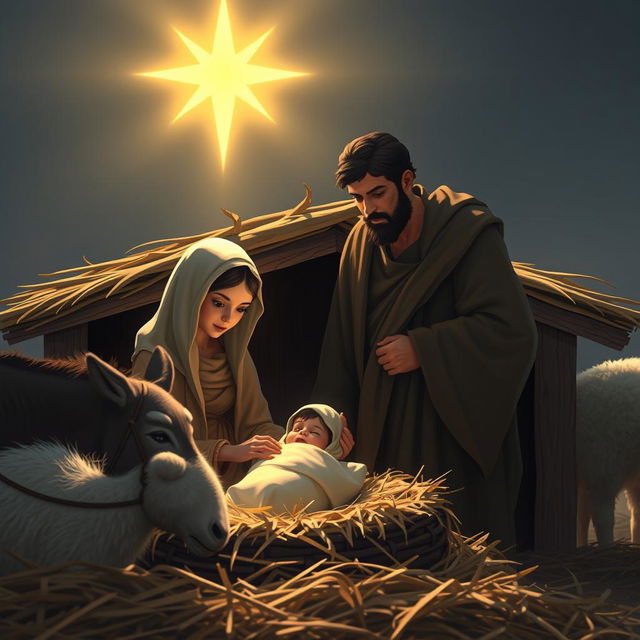 A serene scene depicting the birth of Jesus in a humble manger