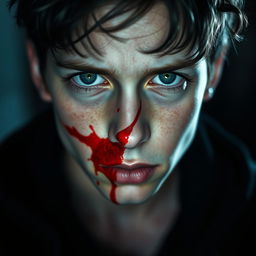 A close-up portrait of a young adult with an intense expression, showcasing a blood stain on their face
