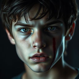 A close-up portrait of a young adult with an intense expression, showcasing a blood stain on their face