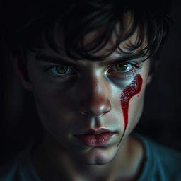 A close-up portrait of a young adult with an intense expression, showcasing a blood stain on their face