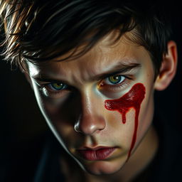 A close-up portrait of a young adult with an intense expression, showcasing a blood stain on their face