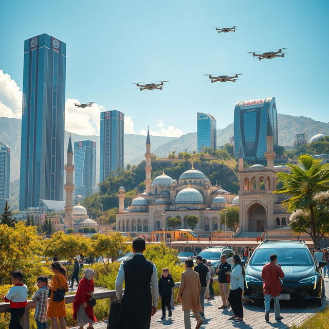 A futuristic landscape of Iran 100 years from now, showcasing advanced technology and lush greenery