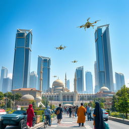 A futuristic landscape of Iran 100 years from now, showcasing advanced technology and lush greenery