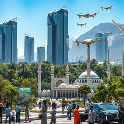 A futuristic landscape of Iran 100 years from now, showcasing advanced technology and lush greenery