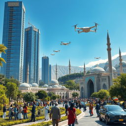 A futuristic landscape of Iran 100 years from now, showcasing advanced technology and lush greenery