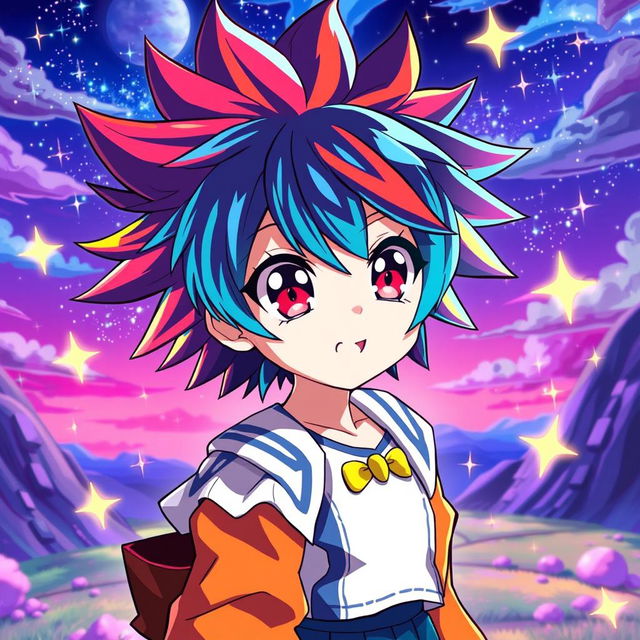 An anime-style character based on the provided photo, featuring vibrant colors and a stylized design, with dynamic poses and exaggerated expressions typical of anime