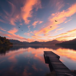 A serene landscape at sunset, featuring a tranquil lake reflecting the vibrant colors of the sky, surrounded by lush greenery and majestic mountains in the background